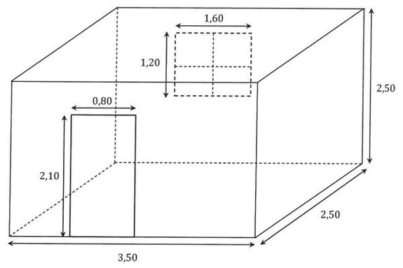 Perspective cavalière d’un parallélépipède rectangle représentant une salle de bain avec ses dimensions.