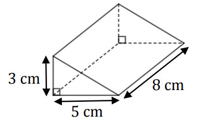 Prisme droit à base triangulaire avec ses dimensions : 3 cm, 5 cm et 8 cm.