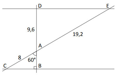Deux triangles en configuration de Thalès papillon : Triangle ABC rectangle en B et triangle DAE.