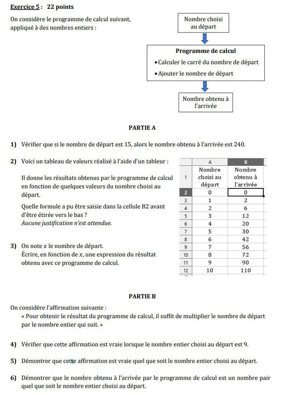Exercice 5 du Brevet Amérique du Nord 3 juin 2022