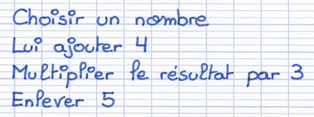 Programme de calcul à transformer en expression littérale : choisir un nombre, lui ajouter 4, multiplier par 3, enlever 5.