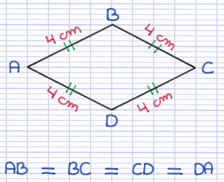 Losange ABCD avec indication que les quatre côtés ont la même longueur : AB = BC = CD = DA = 4 cm.