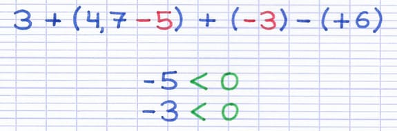 Opération avec les nombres relatifs négatifs -5 et -3 en rouge.