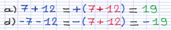 Addition et soustraction des nombres relatifs de même signe : a) 7 + 12 = +(7+12) = 19 et d) -7 - 12 = -(7+12) = -19.