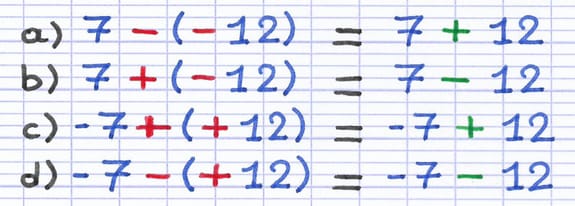 Le calcul des nombres relatifs est effectué en appliquant la règle des signes : a) 7 - (-12) = 7 + 12, b) 7 + (-12) = 7 - 12, c) -7 + (+12) = -7 + 12, d) -7 - (+12) = -7 - 12.