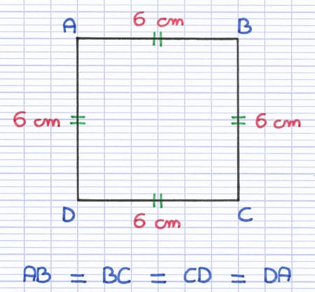Carré ABCD aux quatre côtés de même longueur : chaque côté mesure 6 cm (AB = BC = CD = DA).