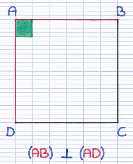Côtés consécutifs du carré ABCD perpendiculaires : (AB) ⟂ (AD).
