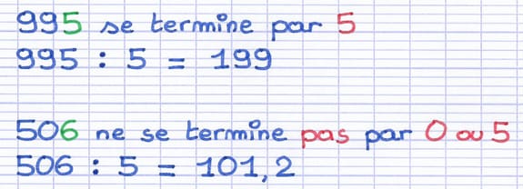 Critère de divisibilité par 5 illustré par quelques exemples.