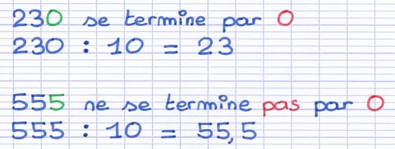 Critère de divisibilité par 10 illustré par quelques exemples.
