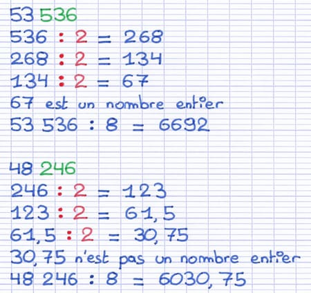 Critère de divisibilité par 8 illustré par quelques exemples.