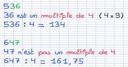 Critère de divisibilité par 4 illustré par quelques exemples.