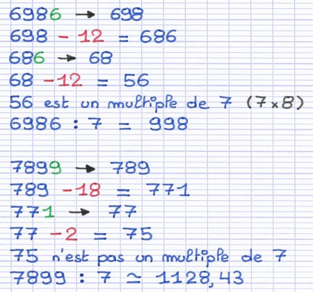 Critère de divisibilité par 7 illustré par quelques exemples.