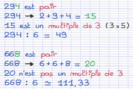 Critère de divisibilité par 6 illustré par quelques exemples.