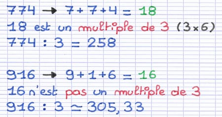 Critère de divisibilité par 3 illustré par quelques exemples.