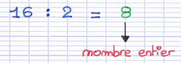 Preuve que 16 est divisible par 2 car le quotient de la division, 8, est un nombre entier.