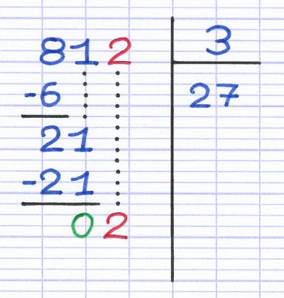 Le troisième chiffre du dividende est abaissé à côté du reste pour former le nouveau reste provisoire.