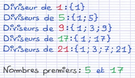 Liste de nombres avec leurs diviseurs ; les nombres en vert n’ont que 1 et eux-mêmes comme diviseurs, ce sont les nombres premiers.