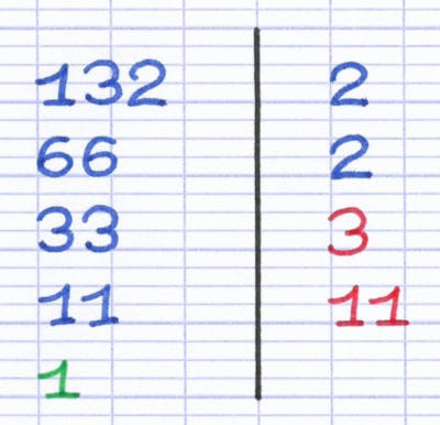 Tableau de décomposition complet : 132, 66, 33, 11, 1 à gauche ; 2, 2, 3, 11 à droite.