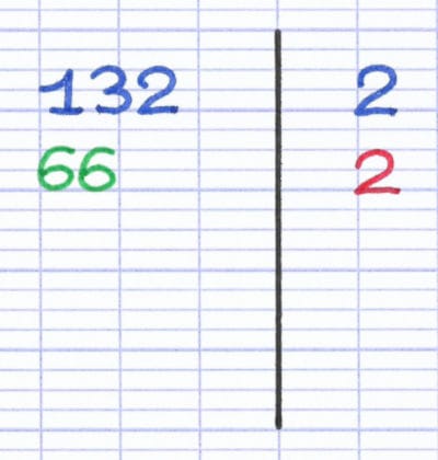 Tableau de décomposition avec 132 puis 66 à gauche et 2, 2 à droite.