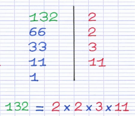 Le nombre 132 est égal au produit des facteurs premiers : 132 = 2 × 2 × 3 × 11.
