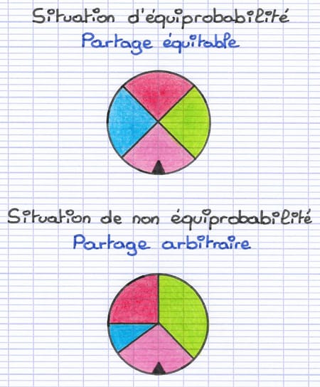 Roue à quatre secteurs identiques (situation d’équiprobabilité) opposée à une roue à secteurs inégaux (situation de non-équiprobabilité).