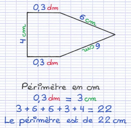 Pentagone dont les côtés ne sont pas tous exprimés dans la même unité de mesure, pour calculer son périmètre il faut d’abord les convertir dans une unité de mesure identique.
