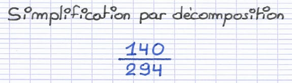 Fraction 140/294 à simplifier par décomposition en produit de facteurs premiers.