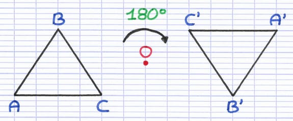Deux triangles ABC et A’B’C’ symétriques par rapport à une symétrie centrale de centre 0.