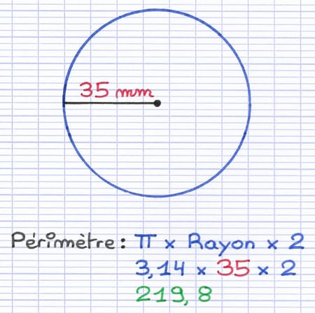 Cercle de rayon 35 mm dont le calcul du périmètre donne 3,14 × 35 × 2 = 219,8 mm.