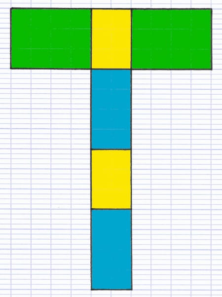 Patron complet du pavé droit composé de 4 rectangles alignés verticalement entre 2 autres rectangles.