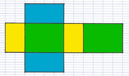 Patron de pavé droit constitué de six rectangles, les trois paires identiques sont représentées dans la même couleur.