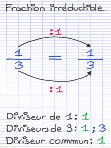 La fraction 1/3 est irréductible car il est impossible de diviser davantage le numérateur et le dénominateur.