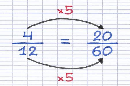 La fraction 4/12 est transformée en 20/60 en multipliant par 5 le numérateur et le dénominateur.