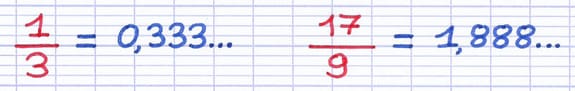 Exemples de fractions étant des nombres rationnels : 1/3 = 0,333… et 17/9 = 1,888….