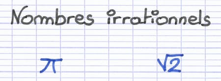 Exemples de nombres irrationnels : π et racine carrée de 2.