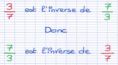 Exemple illustrant que l’inversion est réciproque : 3/7 est l’inverse de 7/3, donc 7/3 est l’inverse de 3/7.