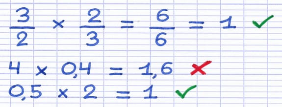 Calcul permettant de vérifier que des nombres sont des inverses l’un de l’autre.