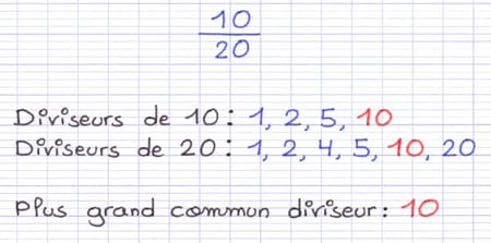Identification du plus grand diviseur commun de deux fractions parmi la liste de tous leurs diviseurs.
