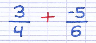 Addition de fractions composées de nombres relatifs : 3/4 + -5/6.
