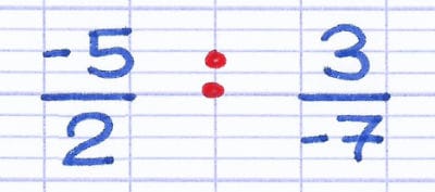 Division de deux fractions composées de nombres relatifs : -5/2 ÷ 3/-7.