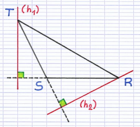 Triangle TSR avec les hauteurs tracées à l’extérieur du triangle après prolongement des côtés.