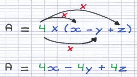 Développement de l’expression littérale A = 4 × (x - y + z) en effectuant les multiplications : A = 4x - 4y + 4z.