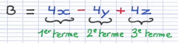 Expression littérale sous la forme développée : B = 4x - 4y + 4z.