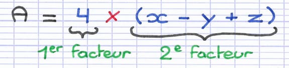 Expression littérale sous la forme factorisée : A = 4 × (x - y + z).