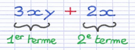Expression littérale 3xy + 2x composée de deux termes.