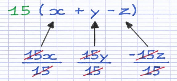 Mise en évidence du facteur commun 15 au sein de l’expression littérale : 15(x + y - z).