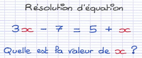 Équation du premier degré 3x - 7 = 5 + x à résoudre afin de trouver la valeur de l’inconnue x.