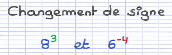 Puissances dont on souhaite changer le signe de l’exposant : 8³ avec exposant positif et 6⁻⁴ avec exposant négatif.