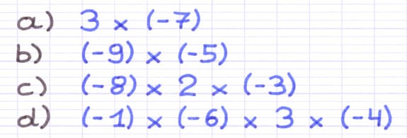 Nombres relatifs à multiplier : 3 × (-7), (-9) × (-5), (-8) × 2 × (-3) et (-1) × (-6) × 3 × (-4).