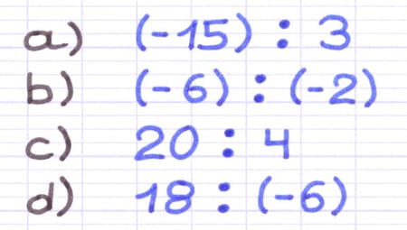 Quatre divisions de nombres relatifs à effectuer : (-15) ÷ 3, (-6) ÷ (-2), 20 ÷ 4 et 18 ÷ (-6).